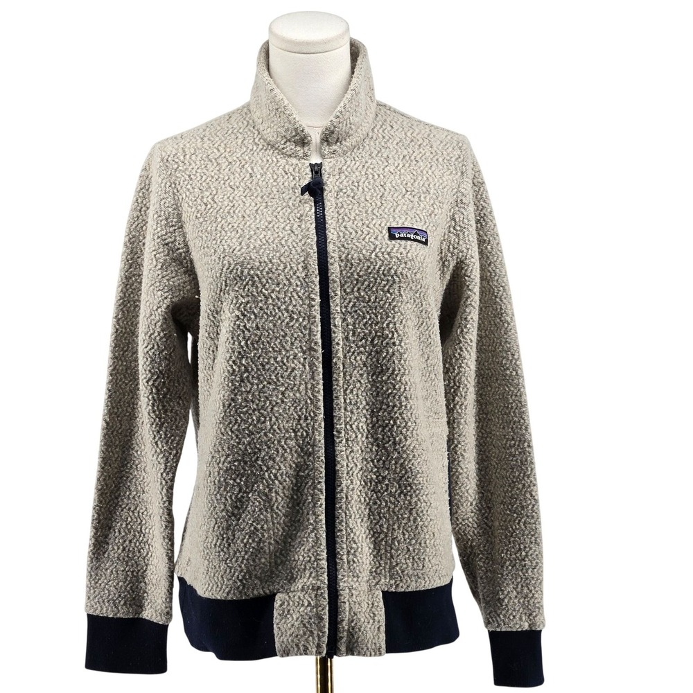 Patagonia Jacket Womens M Beige Herringbone Fleece Full Zip Pockets Logo